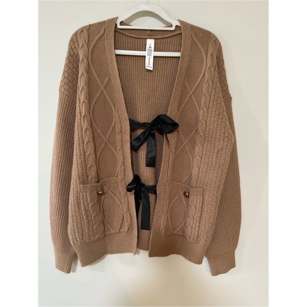 Coquette Balletcore B Cable Knit Cardigan S Brown Ribbon Tie Bow Sweater